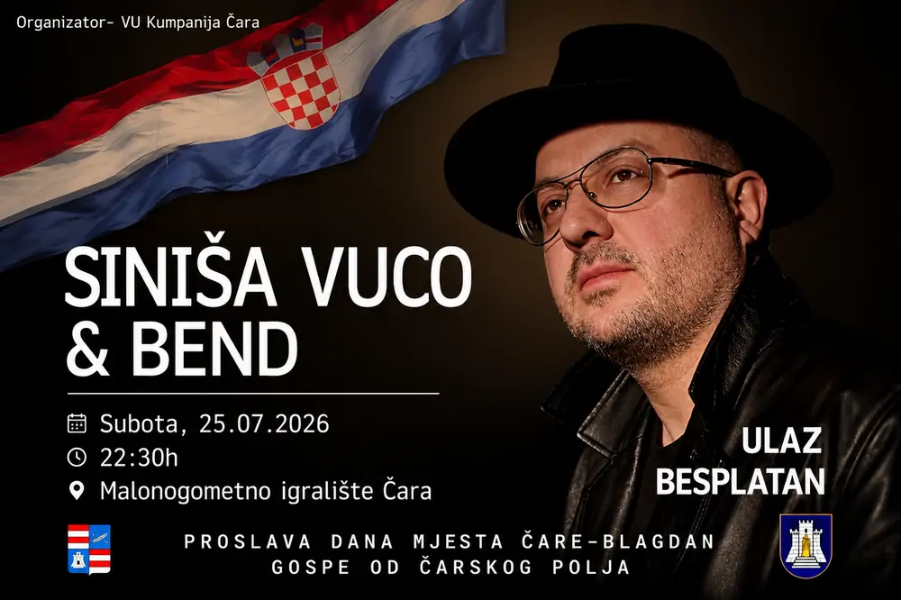 Siniša Vuco i bend stižu u Čaru: Veliki besplatni koncert povodom Dana mjesta i blagdana Gospe od Čarskog polja
